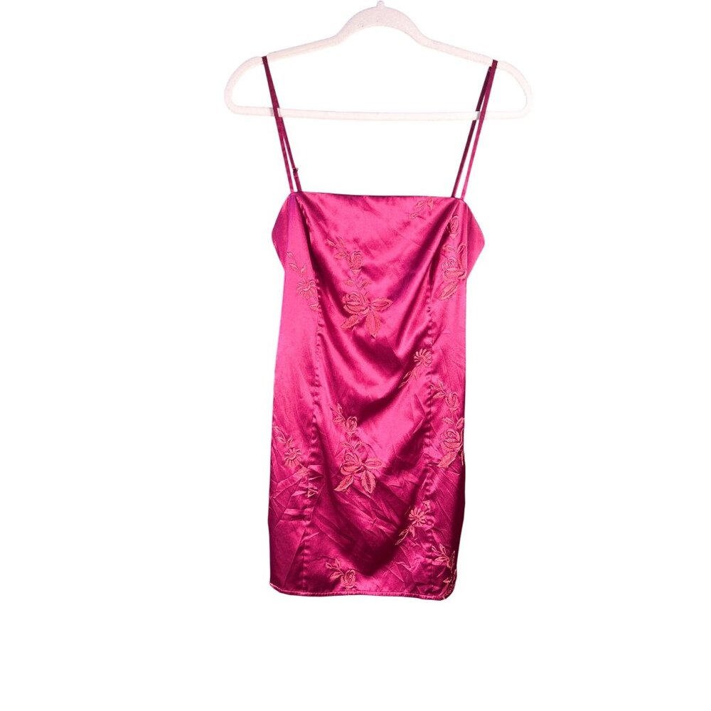 Victorias Secret Y2K Sz L Satin Slip Dress Fuscia Pink w Orange Floral Pattern - Picture 2 of 11